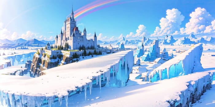 anime style background, landscape, cityscape, rainbow, snow, winter, cold, white, blue sky, sky, castle, ice, travel, generative ai, generative, ai