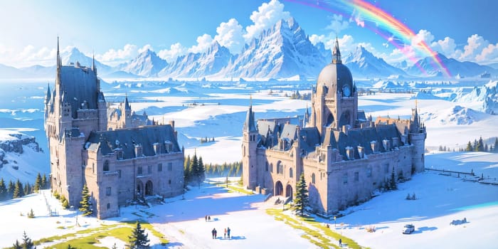 anime style background, landscape, cityscape, rainbow, snow, winter, cold, white, blue sky, sky, castle, ice, travel, generative ai, generative, ai