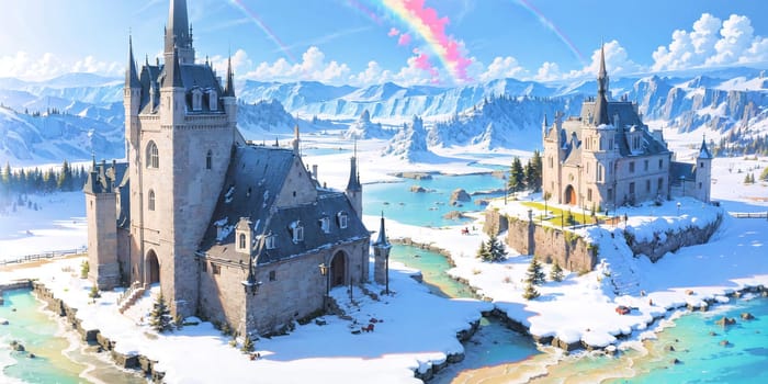 anime style background, landscape, cityscape, rainbow, snow, winter, cold, white, blue sky, sky, castle, ice, travel, generative ai, generative, ai