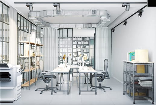 modern loft style office interior. (3d rendering design illustration)
