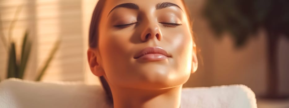 Beautiful Woman Receiving Treatment At Spa, banner made with Generative AI. High quality illustration