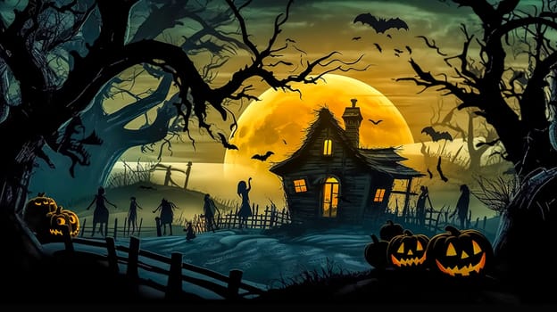 Halloween, carved pumpkins, scary characters and bats in a mysterious dark forest, made with Generative AI. High quality illustration