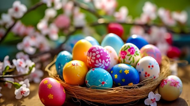Easter eggs dyed in different colors, celebration of religious holidays, made with Generative AI. High quality illustration