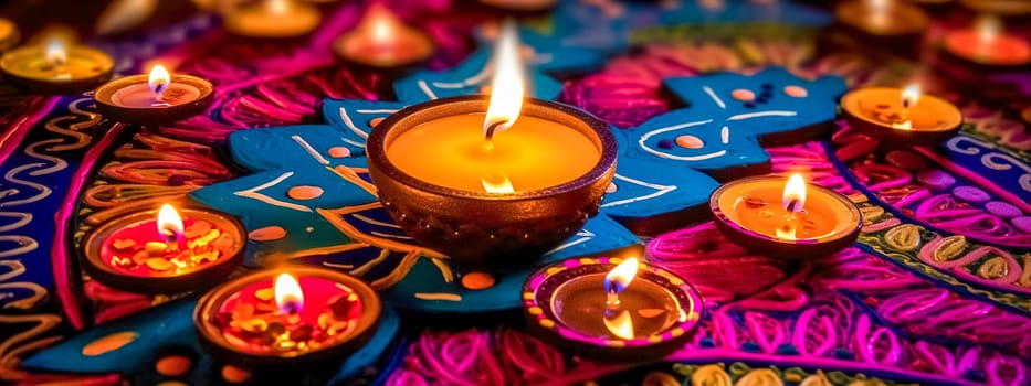 religious holiday diwali. burning oil in clay lamps, made with Generative AI. High quality illustration