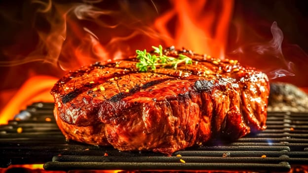 beef steak on the fire of a hot grill, barbecue party, made with Generative AI. High quality illustration
