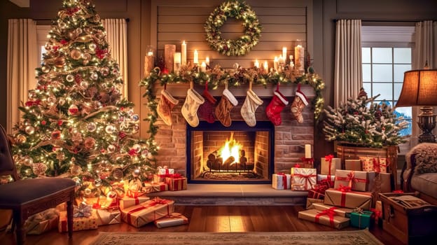 Christmas interior with decorated tree, gifts and fireplace, made with Generative AI. High quality illustration
