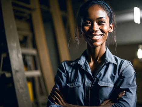 African american Woman Mechanic worker in blue uniform at repair garage. Young mechanic engineer female at factory. Generative Ai