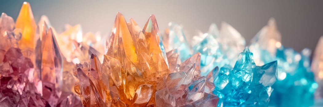 Colorful abstract crystals background. Crystals toned in different colors from orange to blue. Precious crystals long banner
