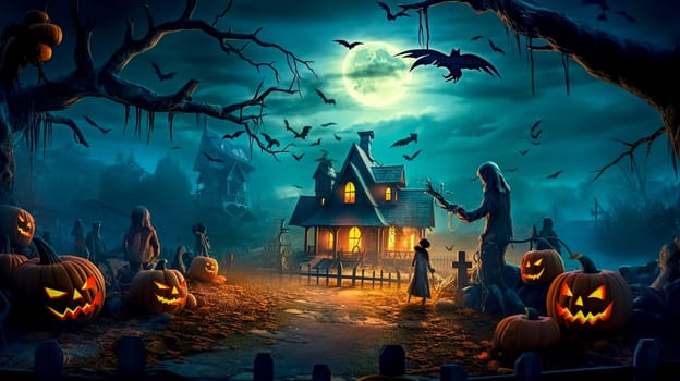 Halloween, carved pumpkins, scary characters and bats in a mysterious dark forest, made with Generative AI. High quality illustration