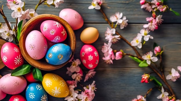 Easter eggs dyed in different colors, celebration of religious holidays, made with Generative AI. High quality illustration