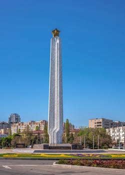 Odessa, Ukraine 05.05.2023. Obelisk Wings of Victory in Arcadia district in Odessa, Ukraine, on a sunny spring day