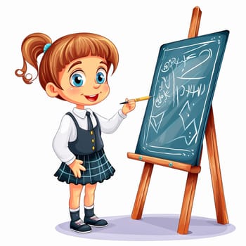 The first grader stands at the blackboard. Generative AI. High quality illustration