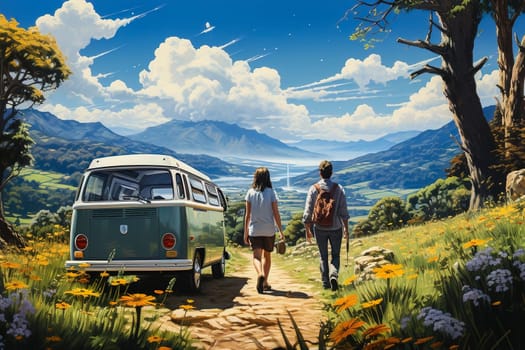 Travelers admire the mountain landscape next to the car. Generative AI. High quality illustration