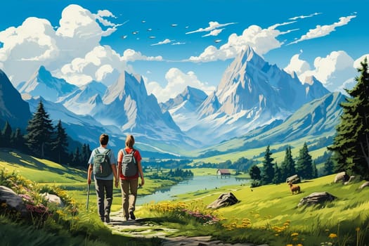Travelers admire the mountain landscape. Generative AI. High quality illustration