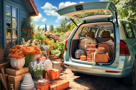 Car with things for travel. Generative AI. High quality illustration
