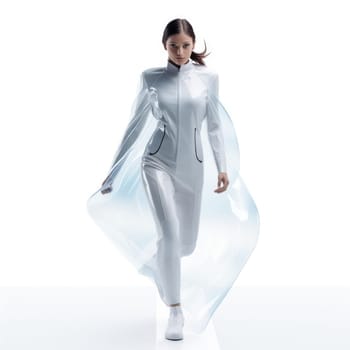 Young woman in clothes of the future on a white background. Fashion