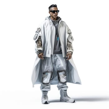 A man in the clothes of the future on a white background. Fashion