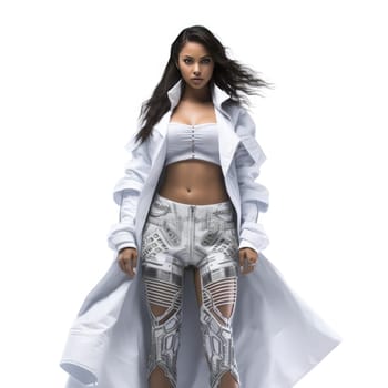 Young woman in clothes of the future on a white background. Fashion