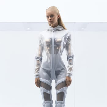 Young woman in clothes of the future on a white background. Fashion