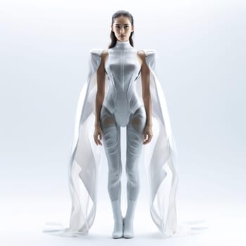 Young woman in clothes of the future on a white background. Fashion