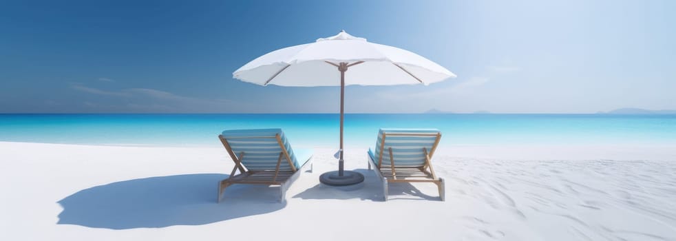 Two sun loungers under a large summer umbrella on a sandy beach by the sea