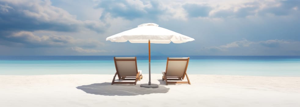 Two sun loungers under a large summer umbrella on a sandy beach by the sea