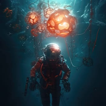 Man explores the depths of the ocean. The concept of the connection between man and marine life