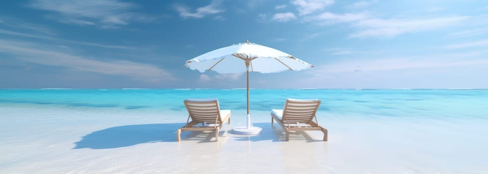 Two sun loungers under a large summer umbrella on a sandy beach by the sea