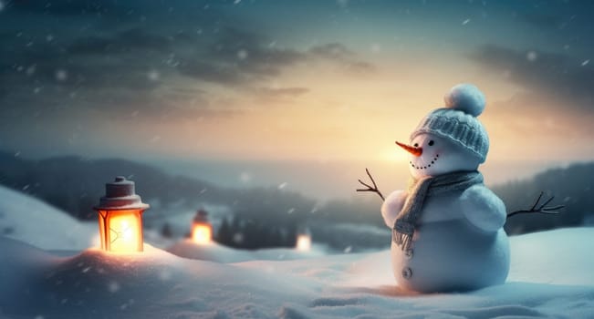 Small snowman on the background of a winter landscape