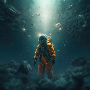 Man explores the depths of the ocean. The concept of the connection between man and marine life