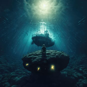 Man explores the depths of the ocean. The concept of the connection between man and marine life