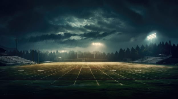 An empty football field. Dramatic weather, dark sky