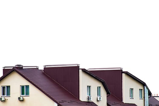 Residential building with a brown roof isolated in PNG format. Roof of the house. Glass windows of the apartment. House. Air conditioners on the wall. Cut out image. Insert into layout.