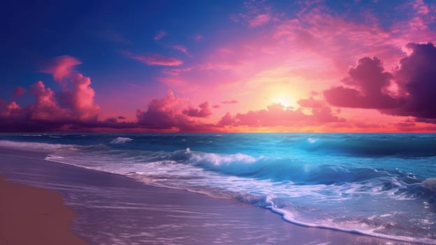 Sandy beach of the sea, sea foam, clouds and a beautiful sunset. Pink tone