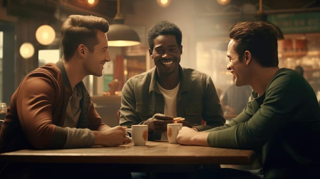 Three friends are chatting in a cafe. Smiling at each other