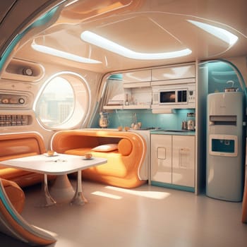 The apartment is capsule type, high technology. The architecture of the future