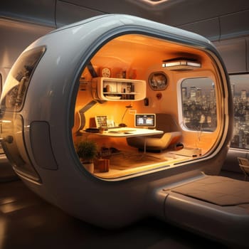 The apartment is capsule type, high technology. The architecture of the future