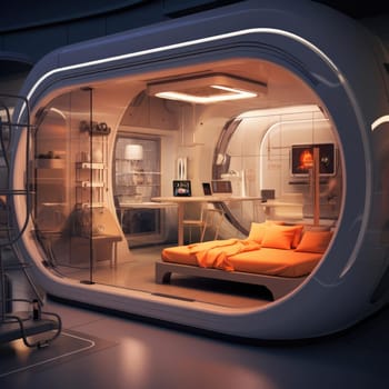 The apartment is capsule type, high technology. The architecture of the future