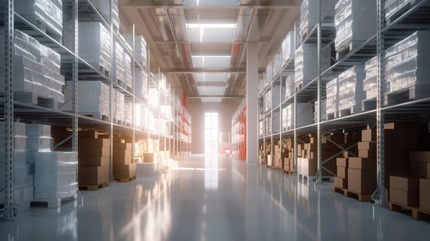 The logistics warehouse of the future. Bright large room with shelving