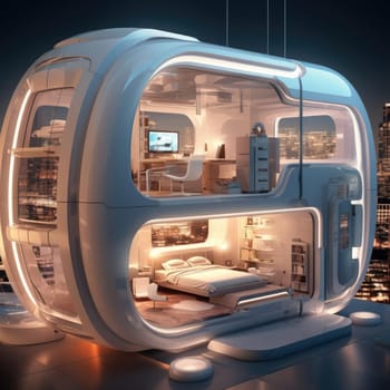 The apartment is capsule type, high technology. The architecture of the future