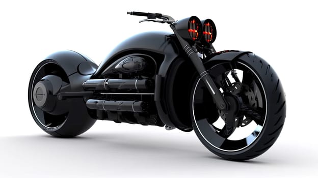 Black motorcycle photo realistic illustration - Generative AI. Motorcycle, wheel, rudder, headlight.