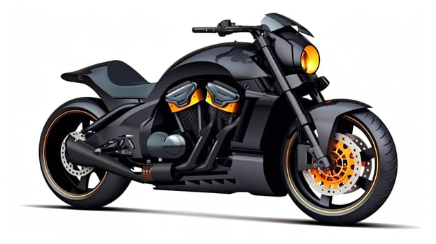 Black motorcycle photo realistic illustration - Generative AI. Motorcycle, wheel, rudder, headlight.