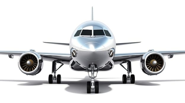 Silver private jet photo realistic illustration - Generative AI. Private, jet, airplane, chassis, turbine.