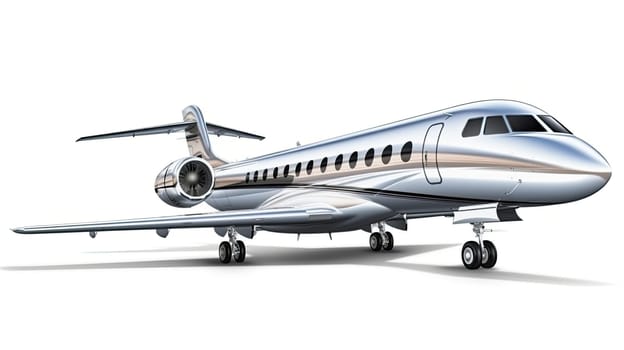 Silver private jet photo realistic illustration - Generative AI. Private, jet, airplane, chassis, turbine.