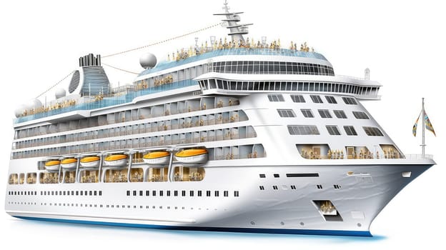 White cruise ship photo realistic illustration - Generative AI. Cruise, ship, deck, people.