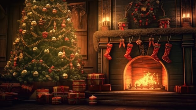 Decorated Christmas tree in a classic wooden interior. Evening or night