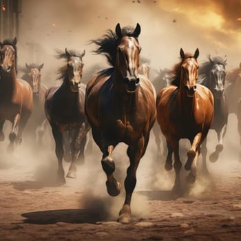 A herd of galloping horses. Dust from under the hooves