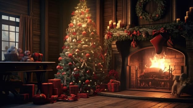 Decorated Christmas tree in a classic wooden interior. Evening or night