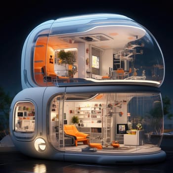 The apartment is capsule type, high technology. The architecture of the future