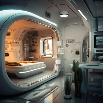 The apartment is capsule type, high technology. The architecture of the future